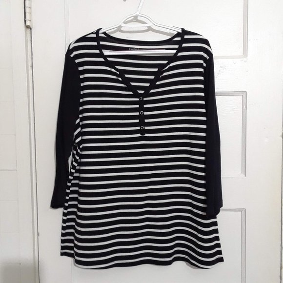 croft & barrow Tops - Croft & Barrow ¾ Sleeve V-Neck Striped Top Black and White